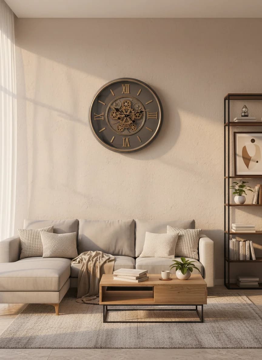 Steampunk Gear Wall Clock Dark Grey styled in a room setting 1