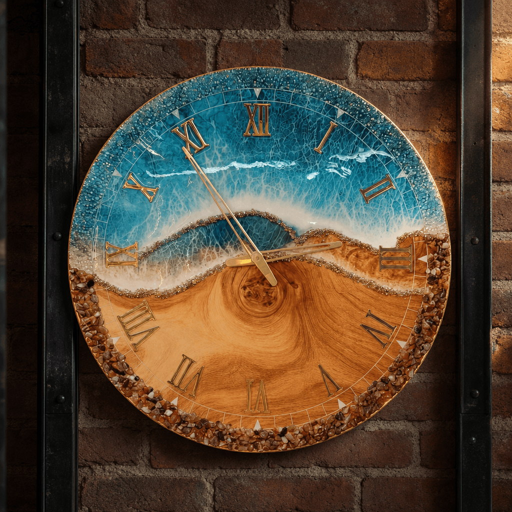 The clock Factory 24-inch Resin Wall Clock - Beach Sand & Ocean Waves Design styled in a room setting 1