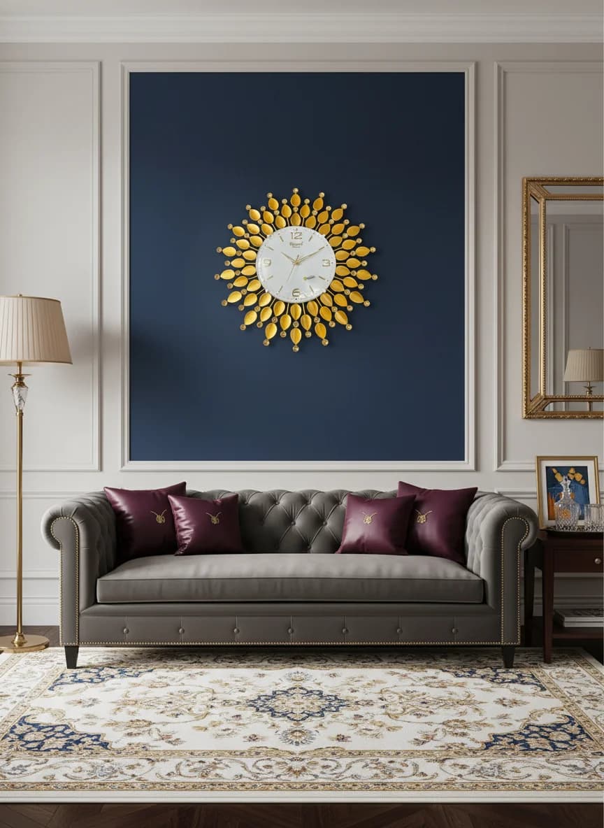 Gold Sunburst Wall Clock styled in a room setting 1
