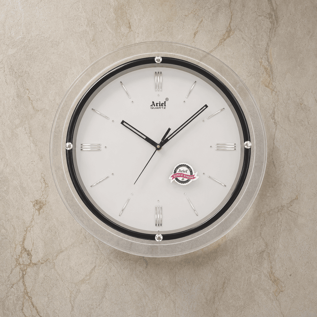 Quartz Wall Clock With Clear And Black Frame styled in a room setting 3