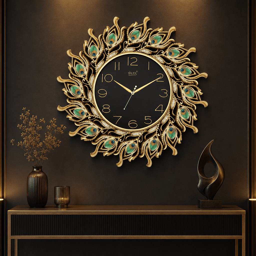 Decorative Peacock Feather Wall Clock styled in a room setting 3