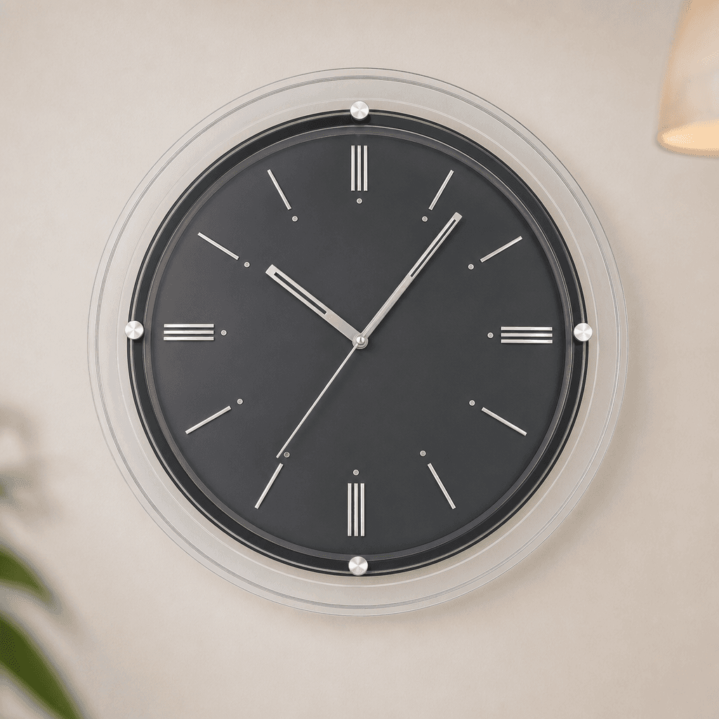 Quartz Wall Clock With Clear And Black Frame styled in a room setting 5