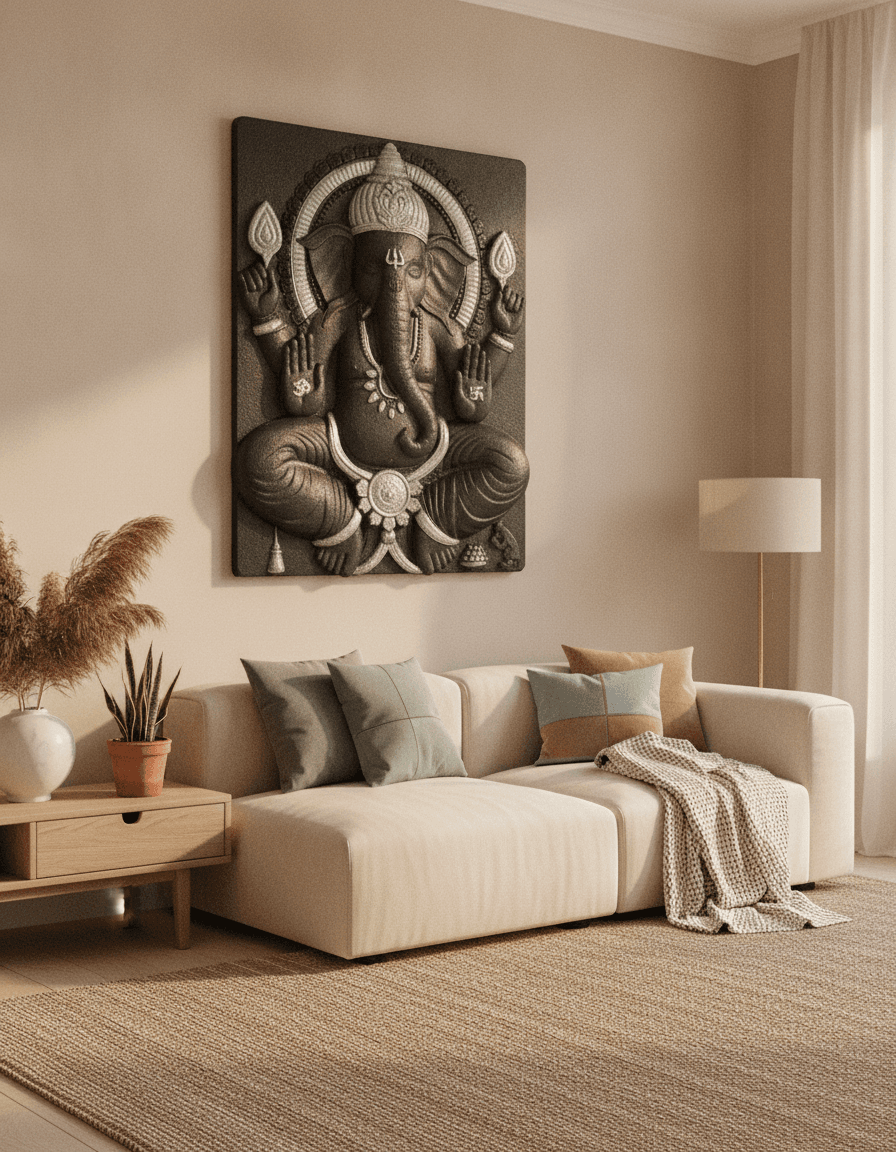 Ganesh Ji Wall Art Brown With Silver Accents styled in a room setting 5