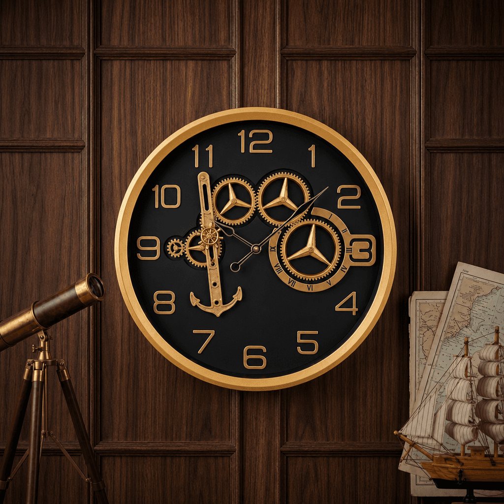 Industrial Nautical Wall Clock With Gold Gears And Anchor styled in a room setting 3