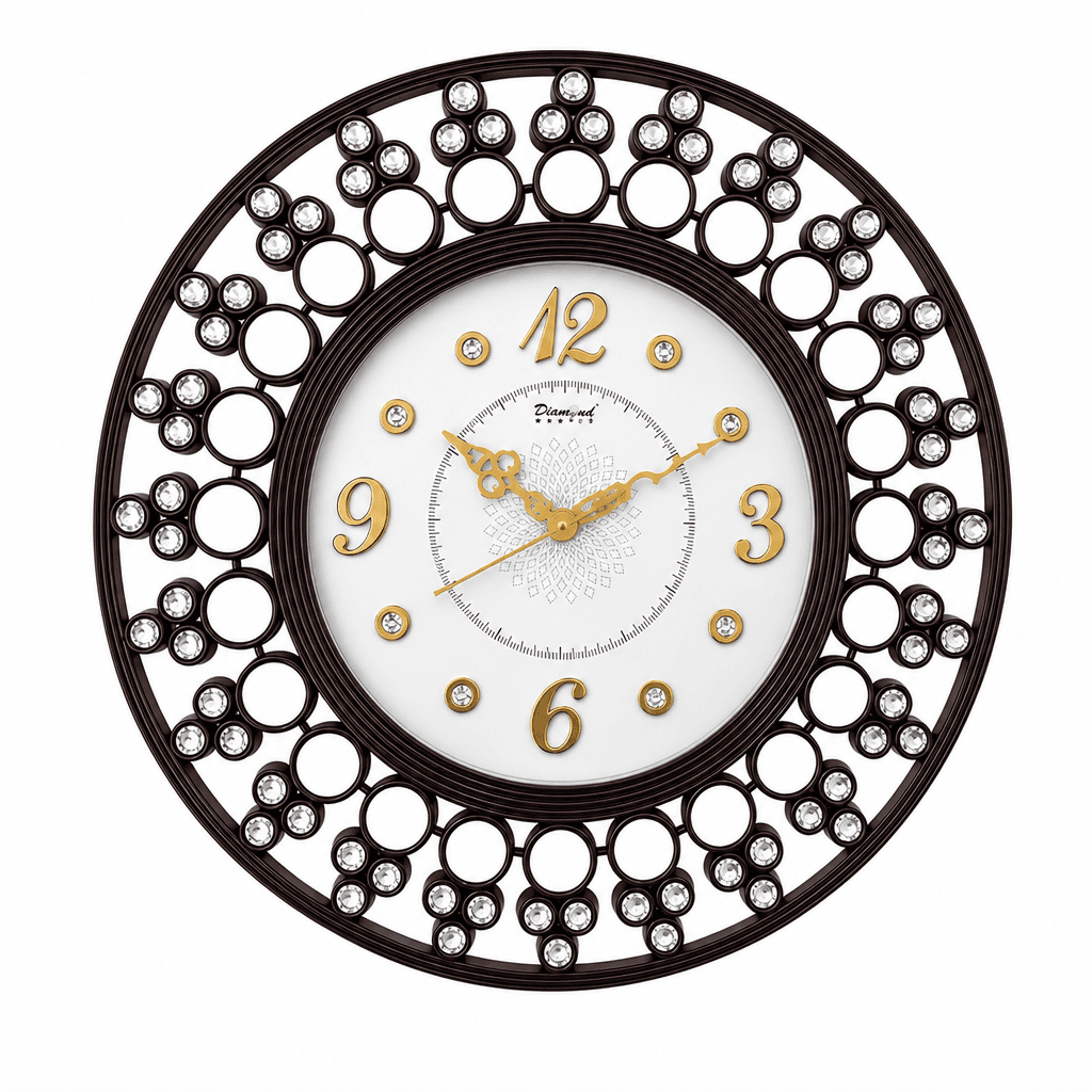 Ornate Round Wall Clock With Crystal & Mirror Accents