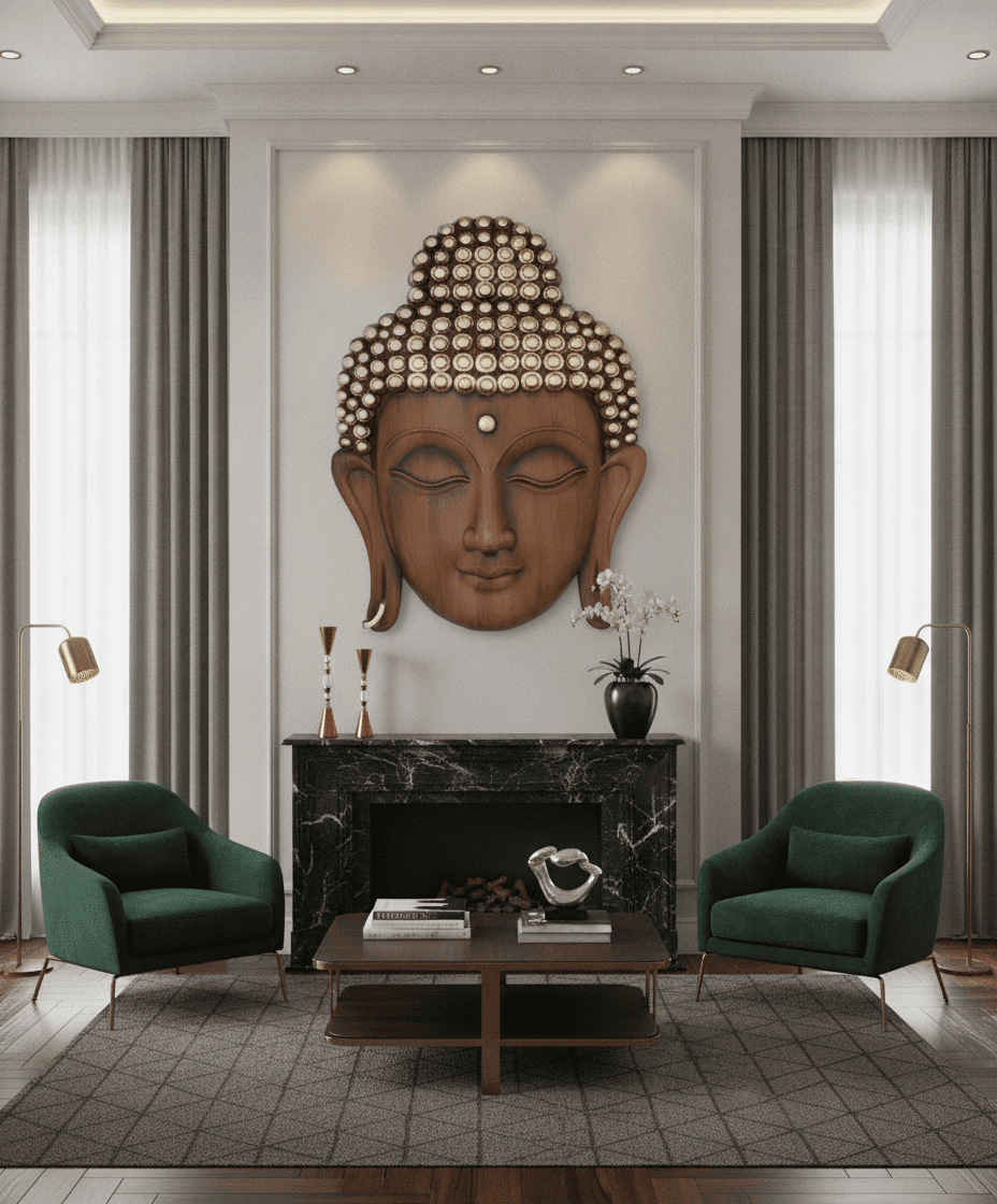 Face Wall Art Dark Wood And Gold styled in a room setting 2