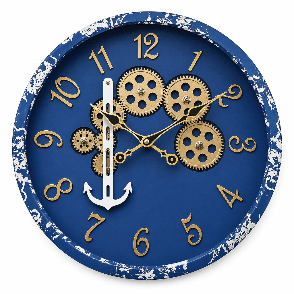 Royal Blue Wall Clock With Gears And Anchor