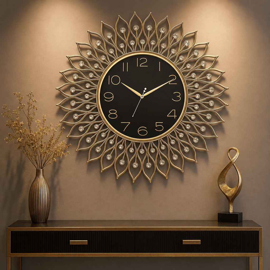 Gold & Black Crystal Sunburst Wall Clock styled in a room setting 3
