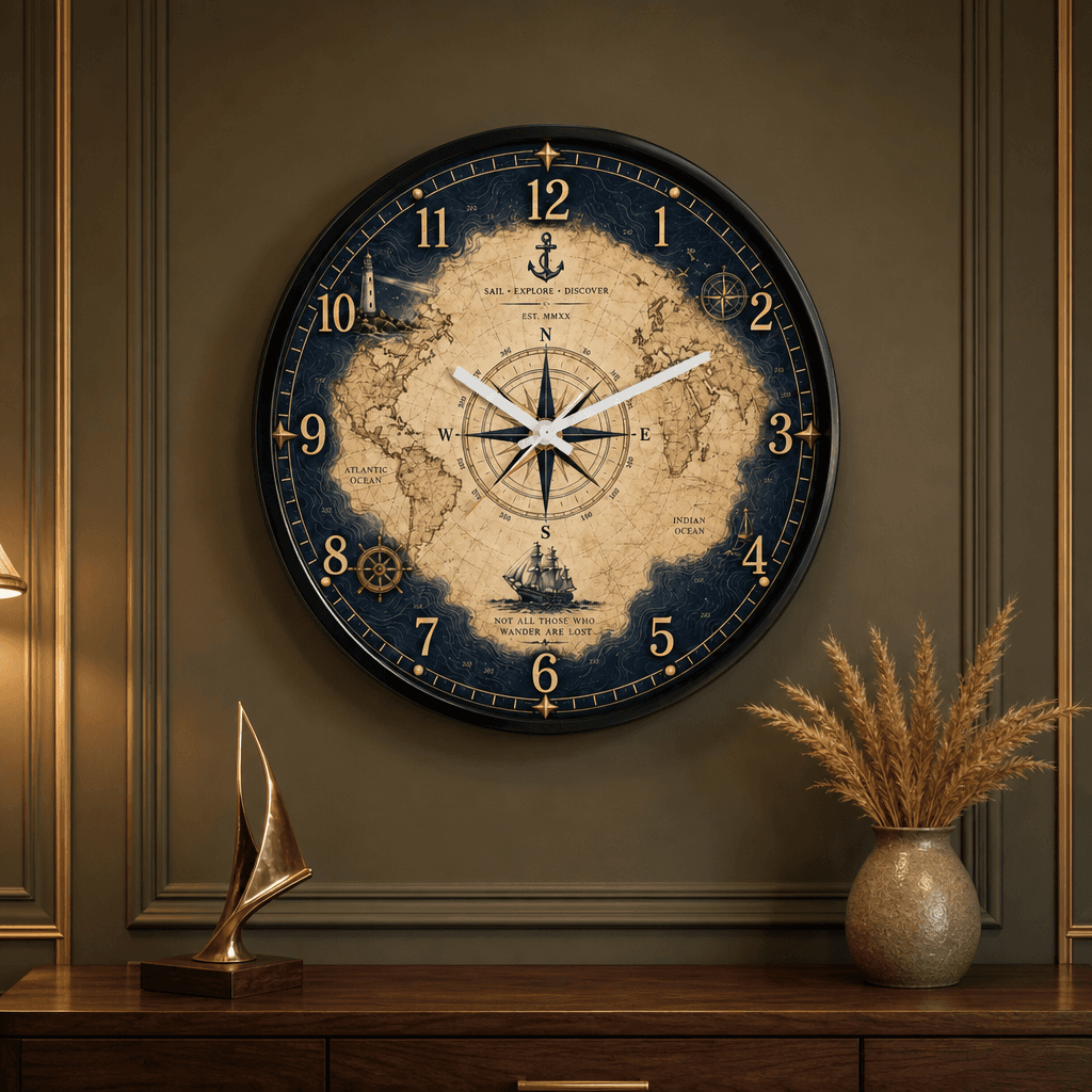 The clock Factory 031 Sail Vintage World Map Nautical Wall Clock styled in a room setting 1