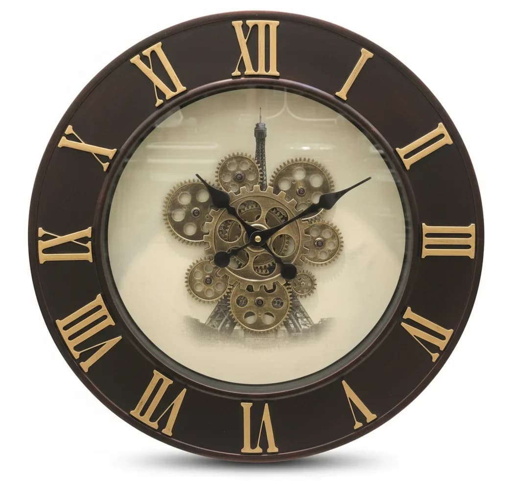 Industrial Chic Wall Clock Exposed Gears & Eiffel Tower