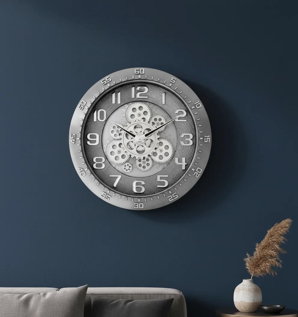 Industrial Gear Design Analog Wall Clock, Silver styled in a room setting 1
