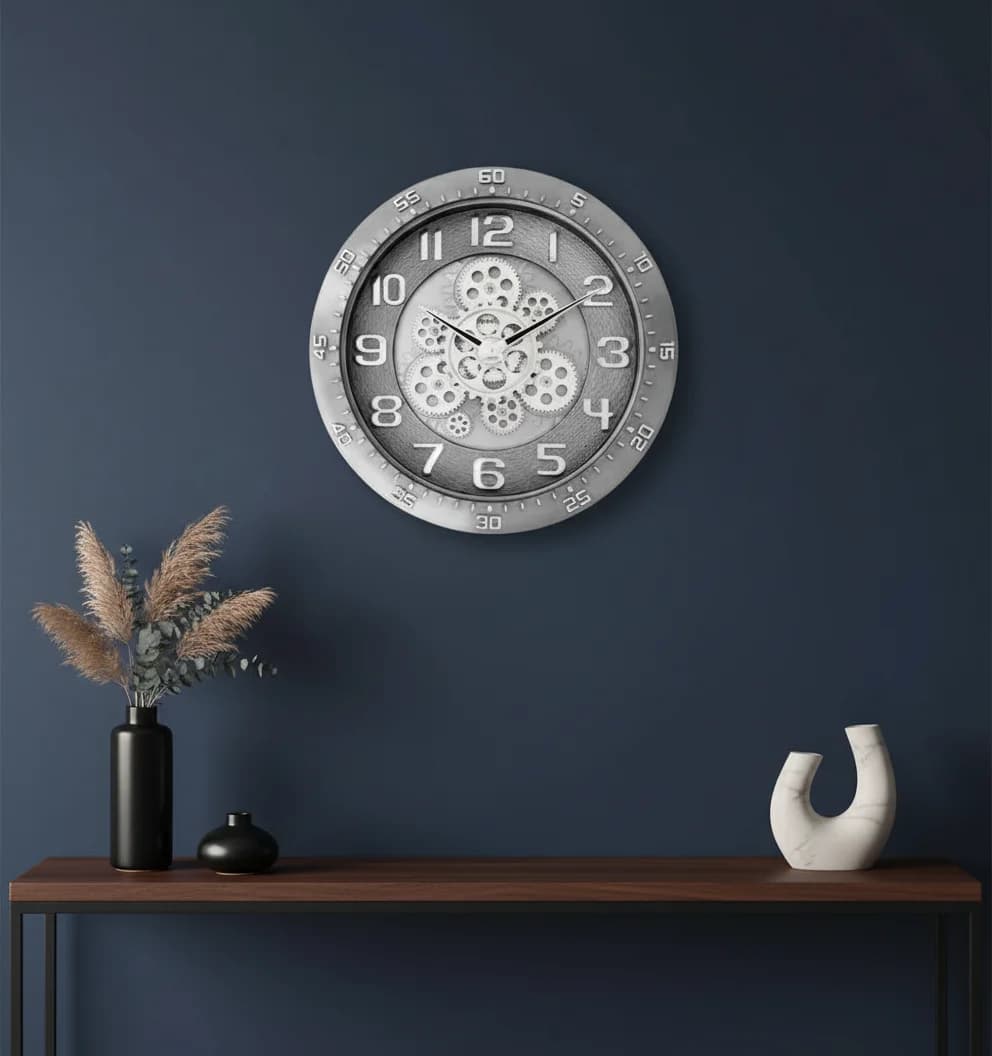Industrial Gear Design Analog Wall Clock, Silver styled in a room setting 2