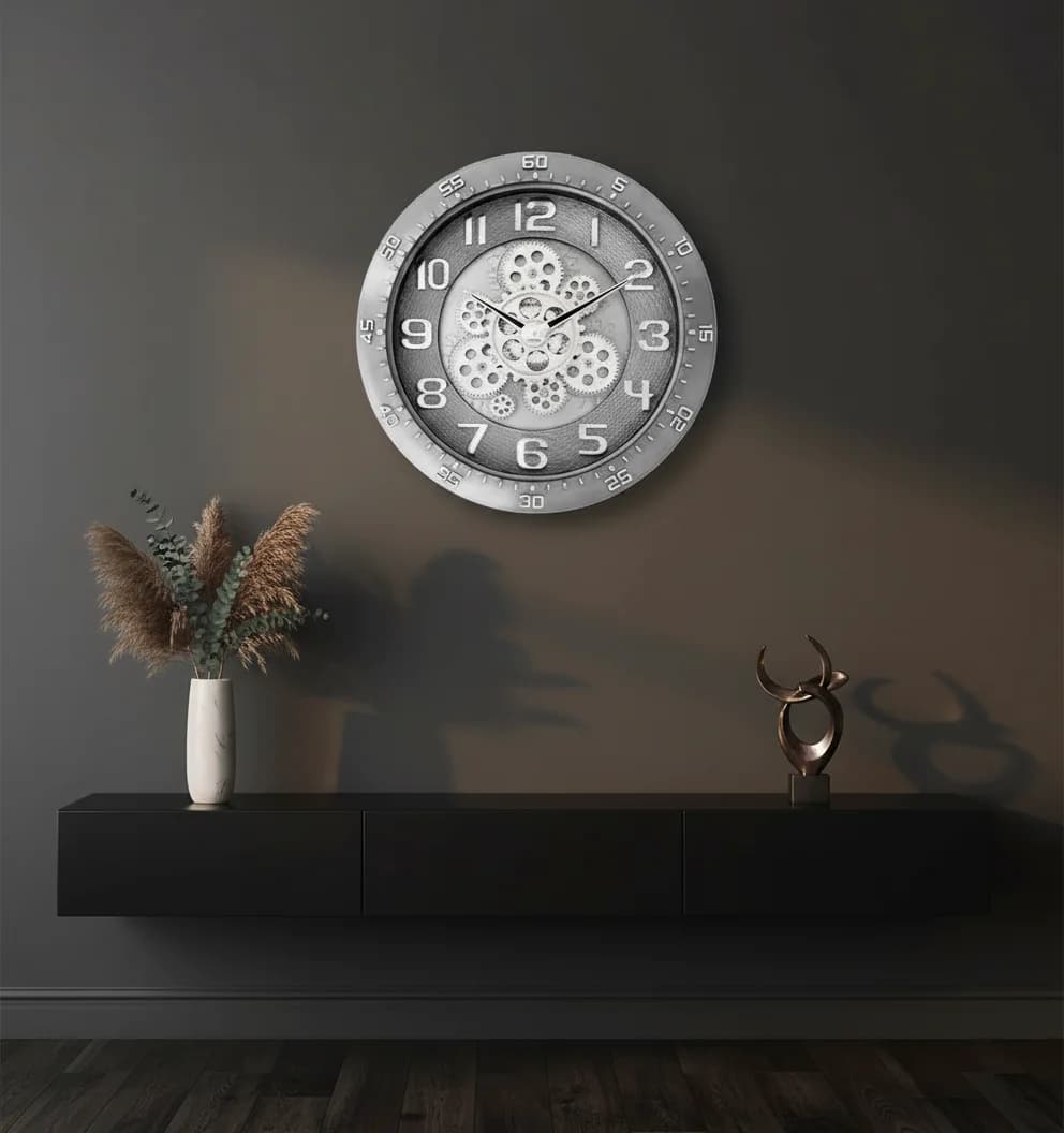Industrial Gear Design Analog Wall Clock, Silver styled in a room setting 3