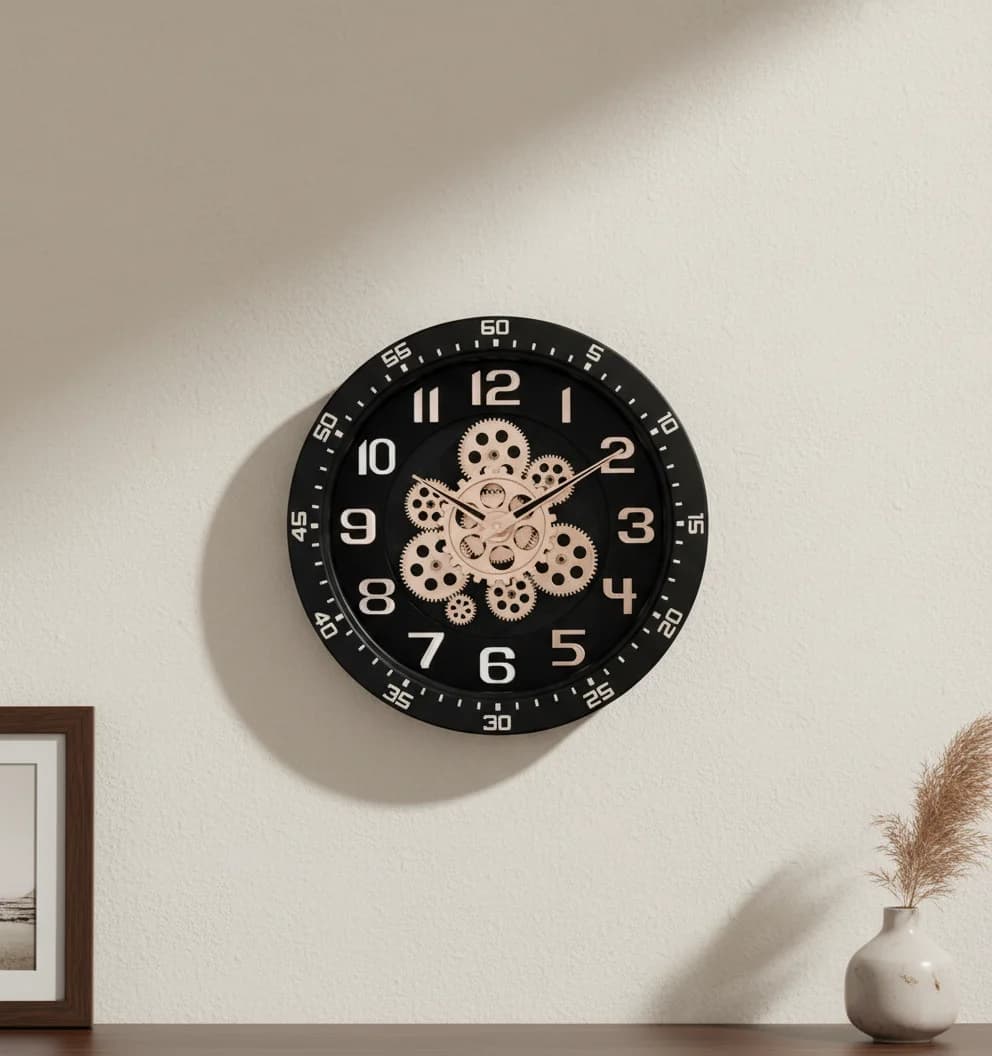 Industrial Gear Design Analog Wall Clock, Silver styled in a room setting 5