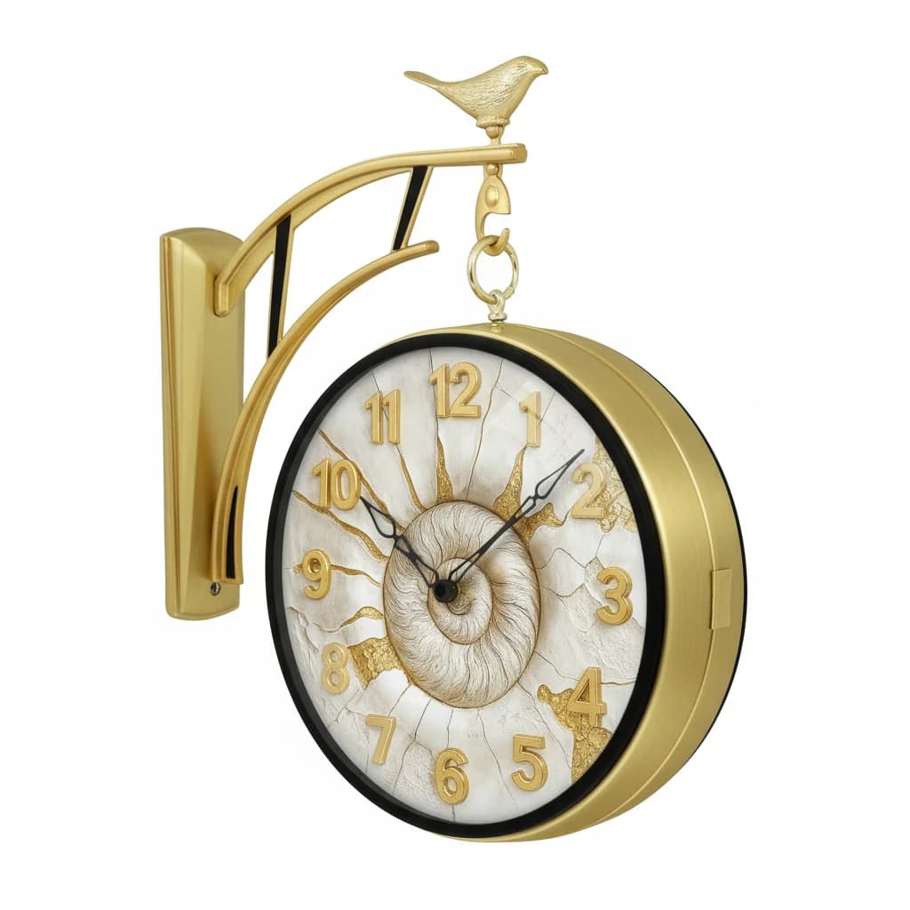 Gold Double Sided 12 Inch Wall Clock With Bird & Nautilus Dial