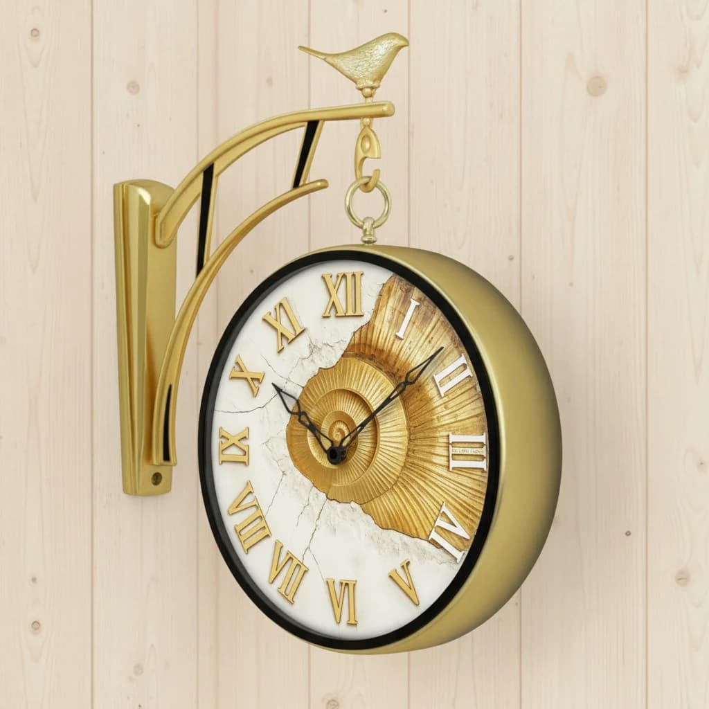 Gold Double Sided 12 Inch Wall Clock With Bird & Nautilus Dial styled in a room setting 5