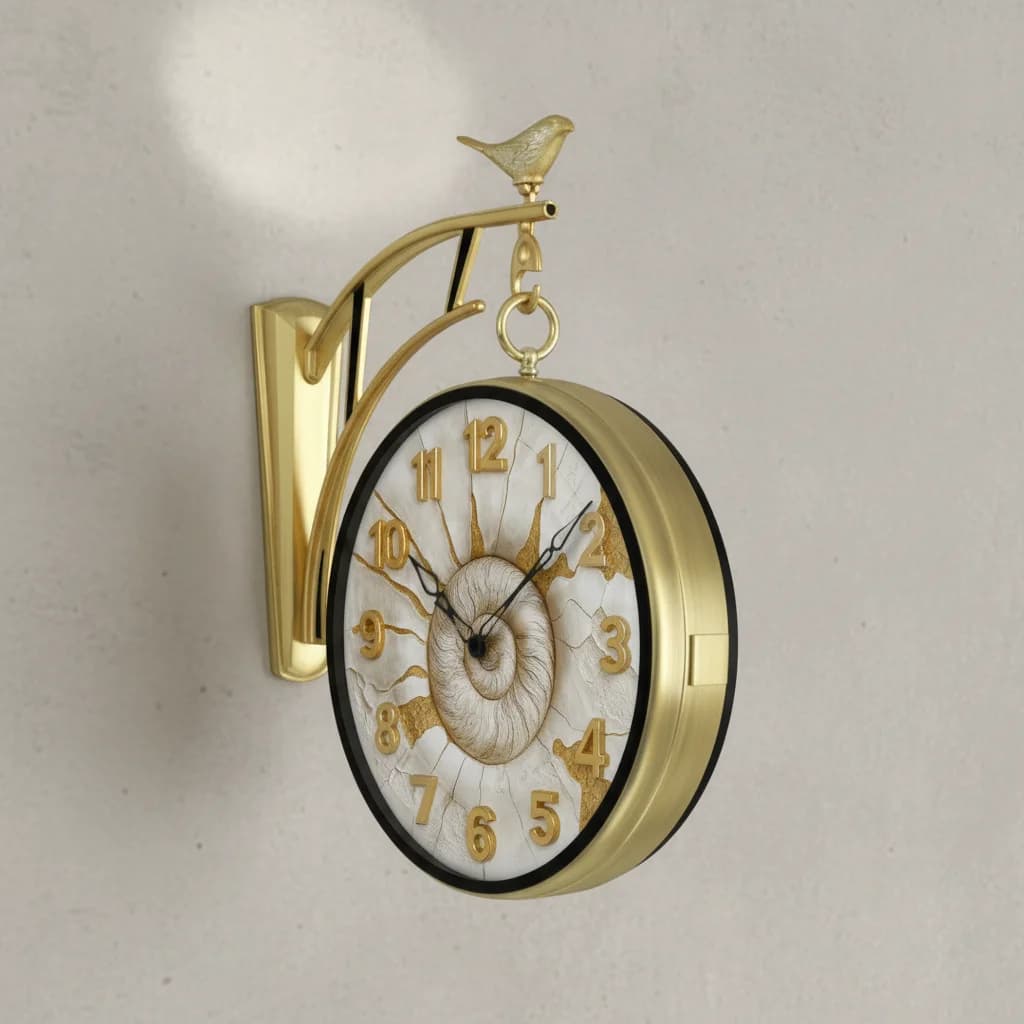 Gold Double Sided 12 Inch Wall Clock With Bird & Nautilus Dial styled in a room setting 3