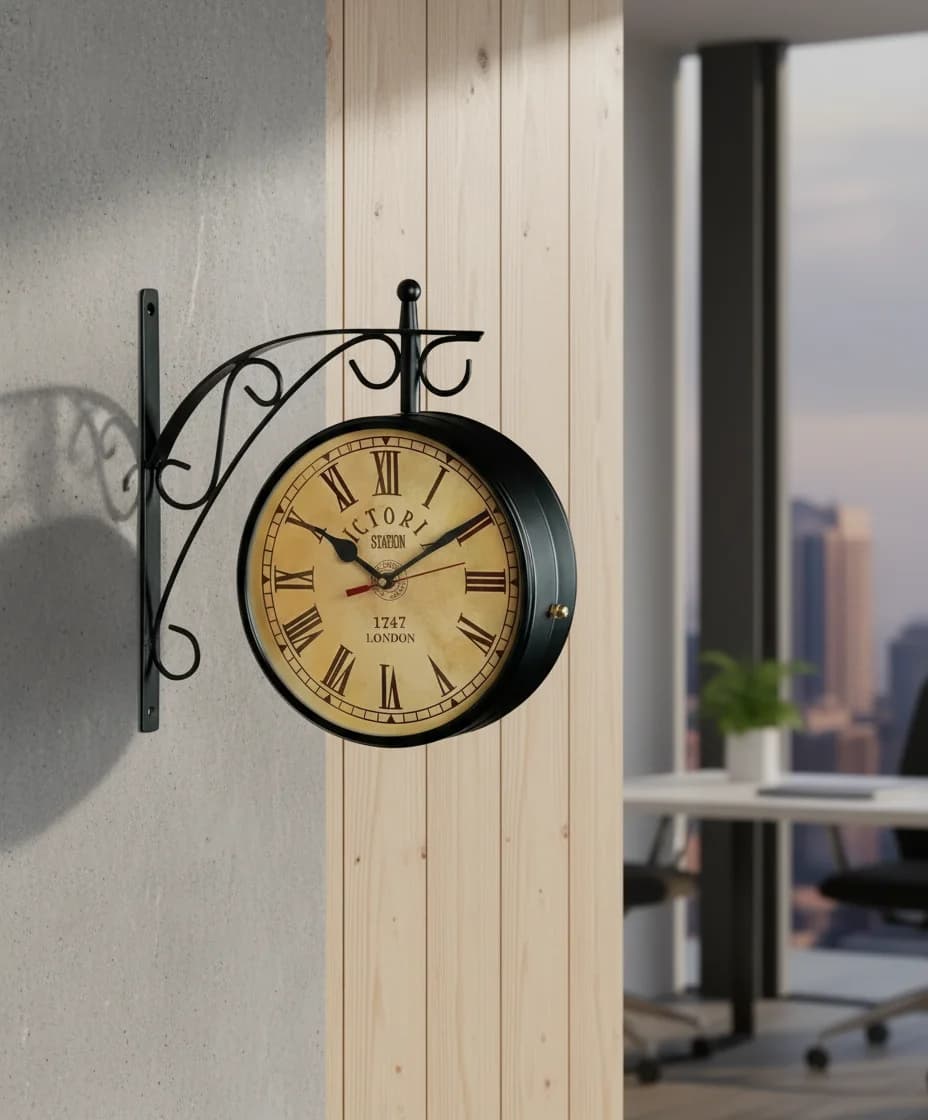 Double Sided Vintage Wrought Iron Wall Clock styled in a room setting 1