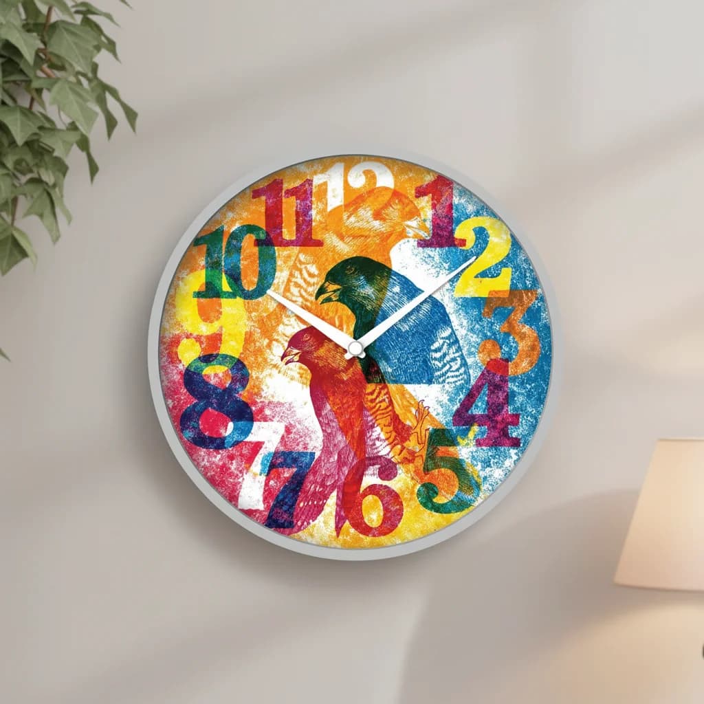 093 Colorful Abstract Bird Analog Wall Clock styled in a room setting 2