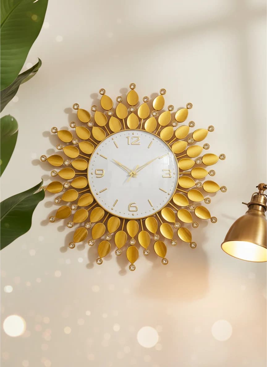 Gold Sunburst Wall Clock styled in a room setting 3