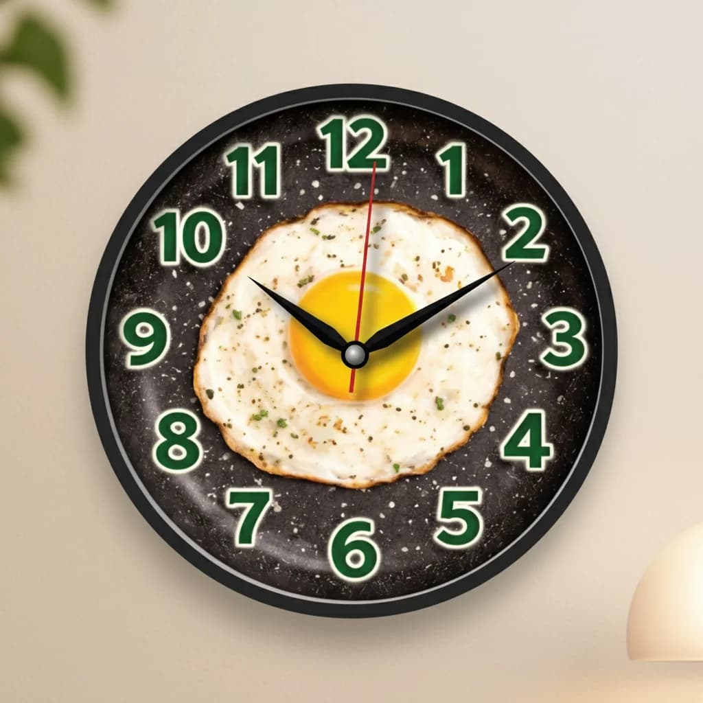 Fried Egg Kitchen Wall Clock styled in a room setting 3