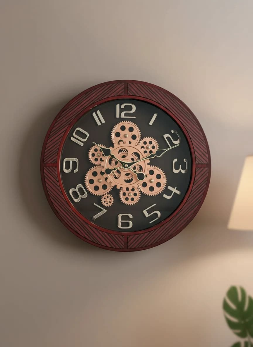 Steampunk Industrial Wall Clock With Exposed Gears And Dark Wood Grain Frame styled in a room setting 3