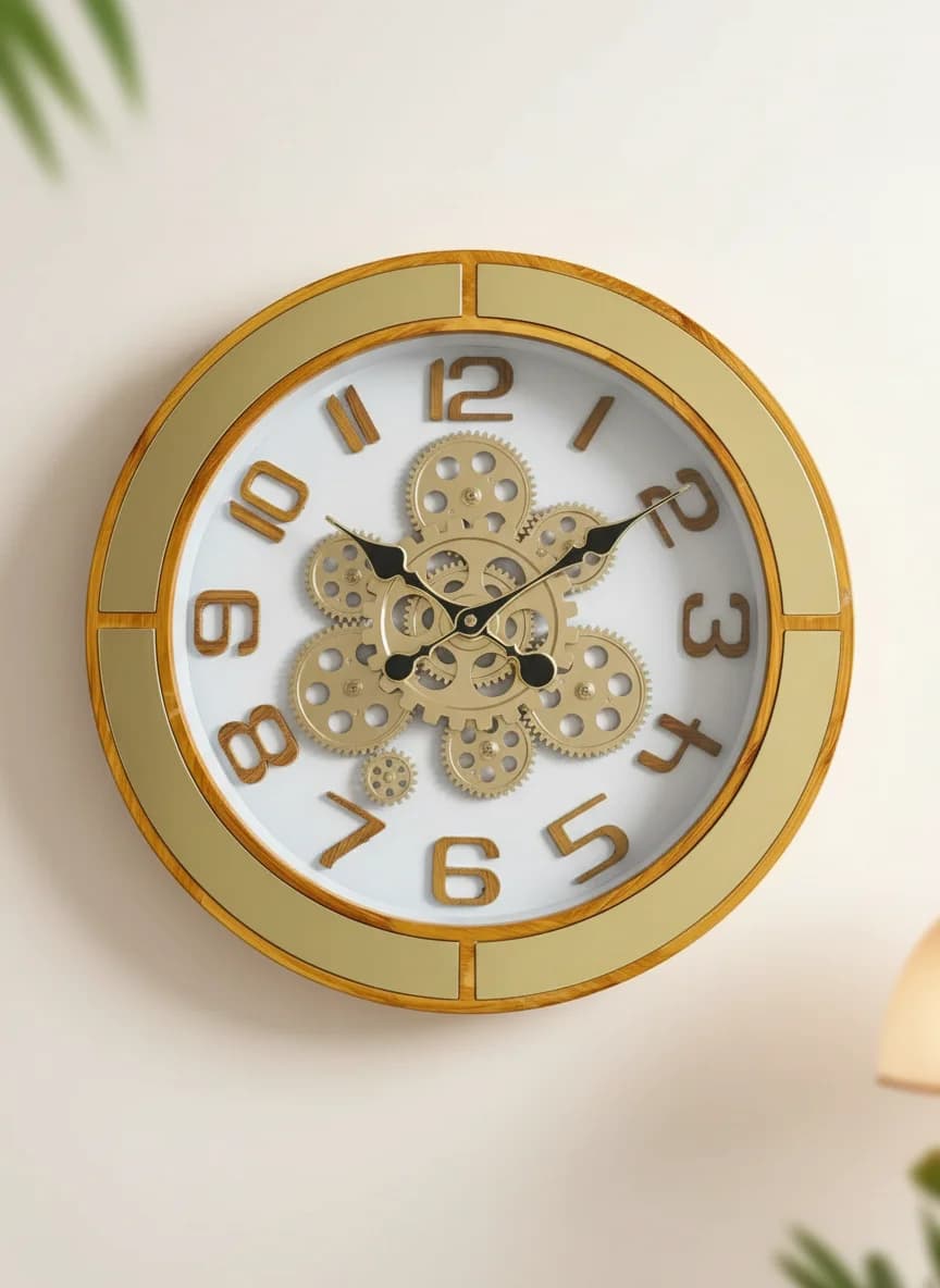 Wall Clock With Visible Gears, Gold Accents & Wood Grain Finish styled in a room setting 3