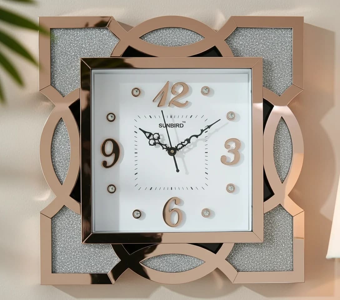 Rose Gold & Glitter Square Decorative Wall Clock styled in a room setting 2
