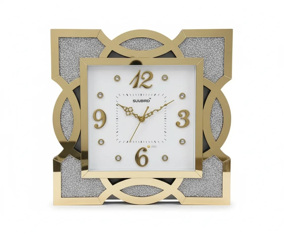 Gold Mirrored & Glitter Wall Clock Modern Decorative Analog Timepiece