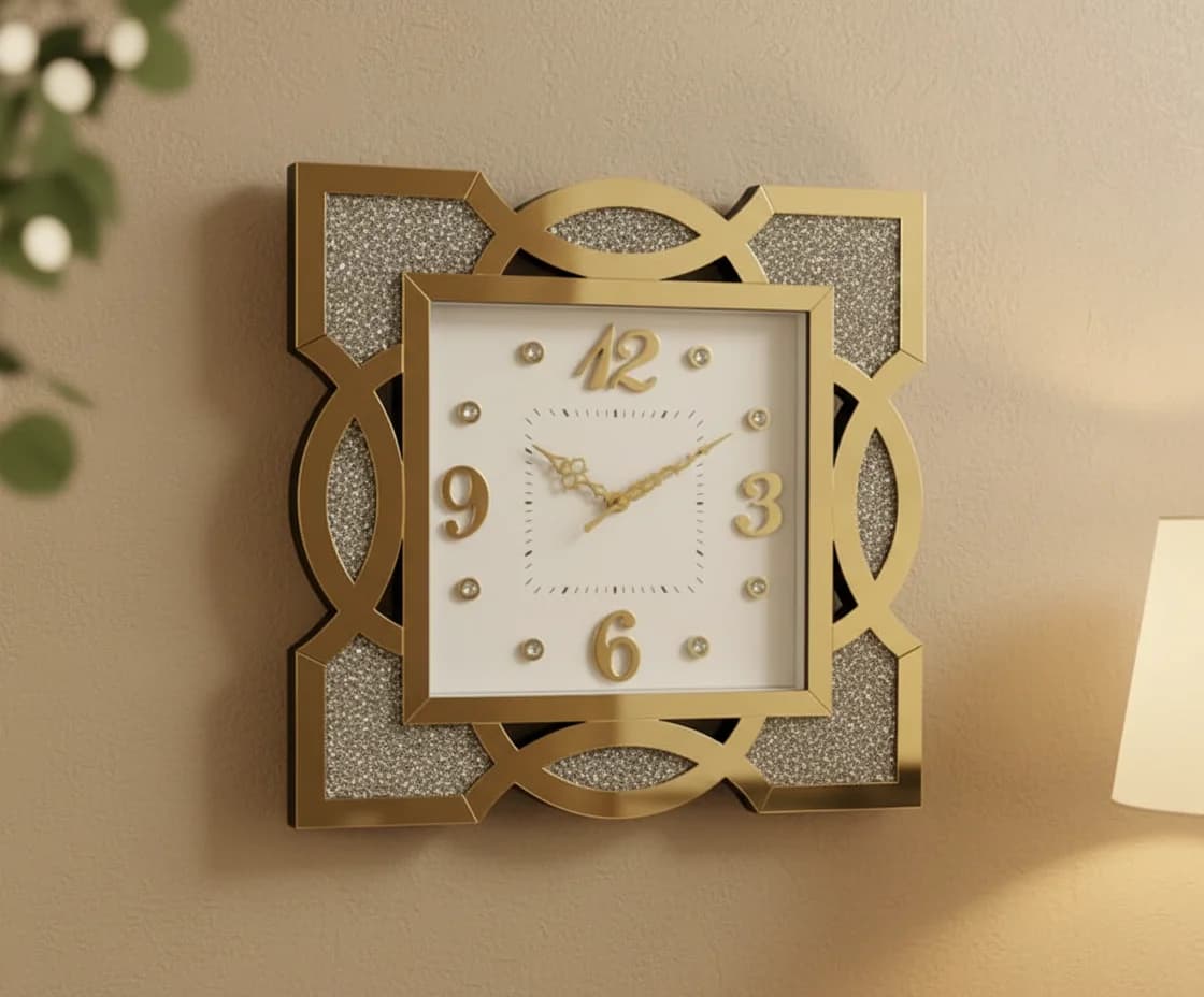 Gold Mirrored & Glitter Wall Clock Modern Decorative Analog Timepiece styled in a room setting 1