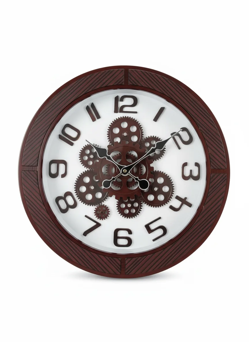 Modern Industrial Wall Clock With Decorative Gears & Wood Grain Frame