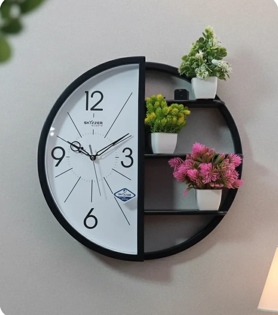 Modern Half Round Wall Clock With Integrated Display Shelves styled in a room setting 1