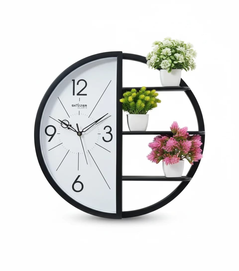 Modern Half Round Wall Clock With Integrated Display Shelves
