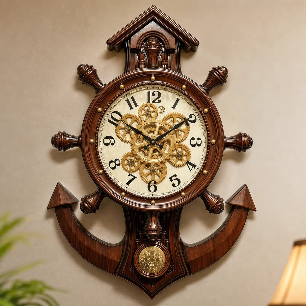 Rg 04 Dark Wood Brown Nautical Wall Clock With Visible Gears, 30x23 Inch dimensions