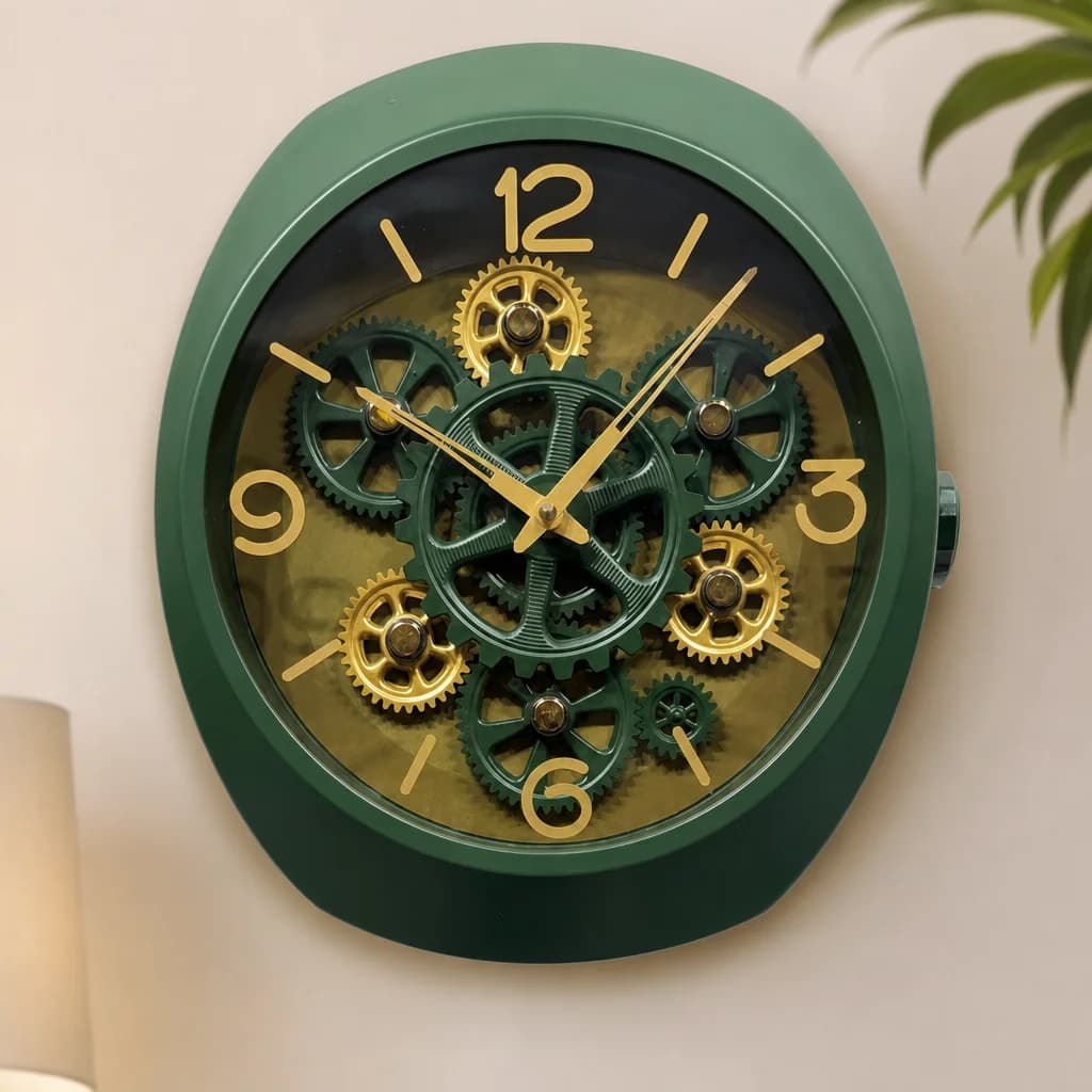 Rg 06 Green Wall Clock With Exposed Gears, 14x12 Inch on wall color