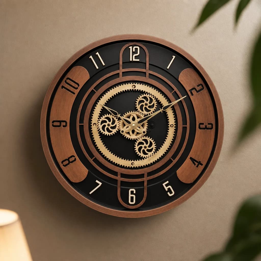 Bronze & Dark Brown Decorative Gear Wall Clock styled in a room setting 4