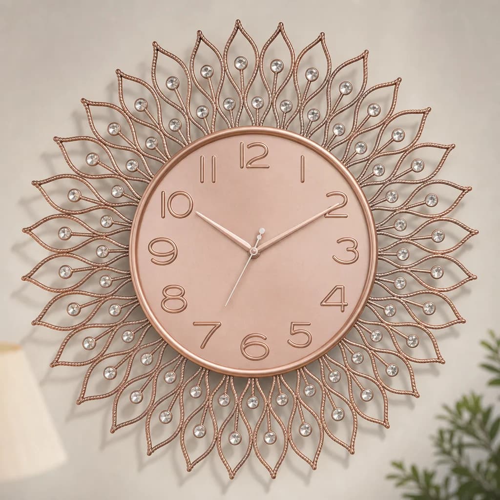 Gold & Black Crystal Sunburst Wall Clock styled in a room setting 4