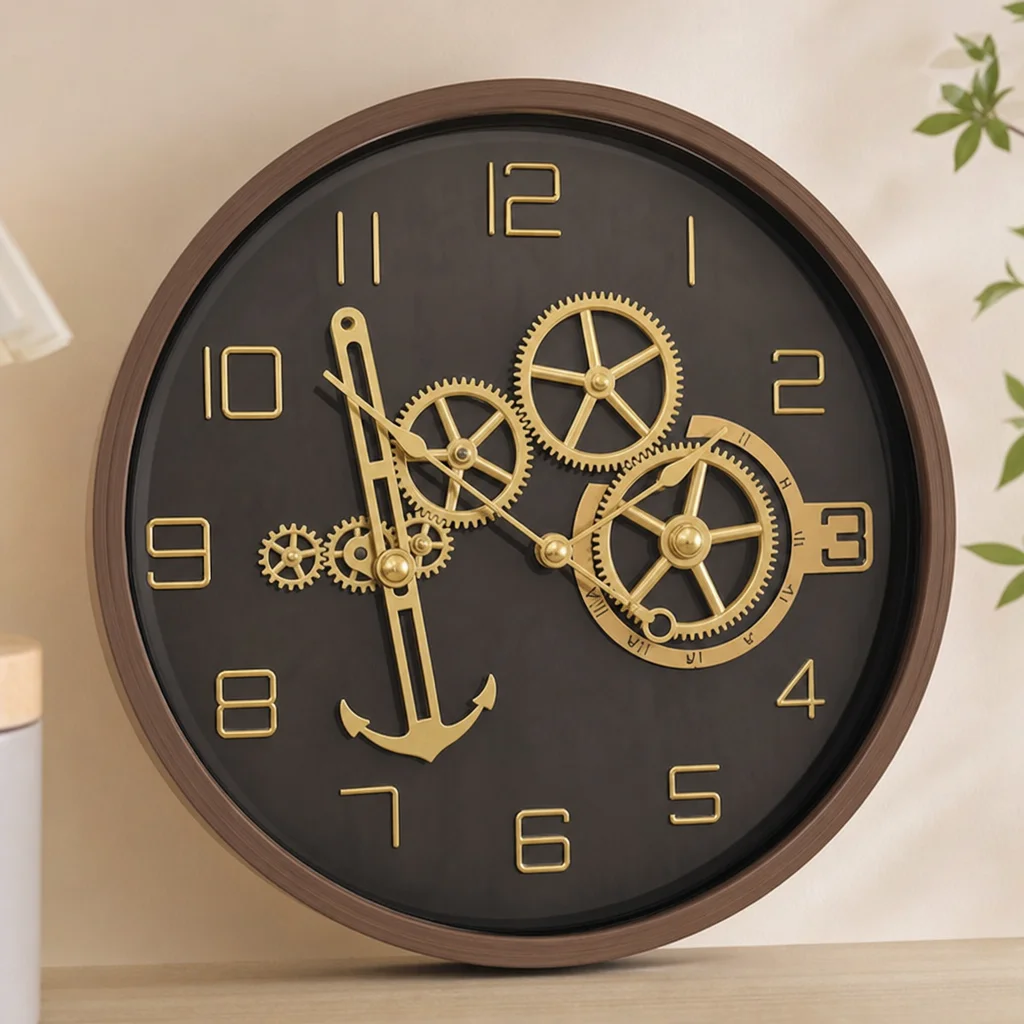 Industrial Gear Wall Clock With Anchor Design Bronze Frame styled in a room setting 3
