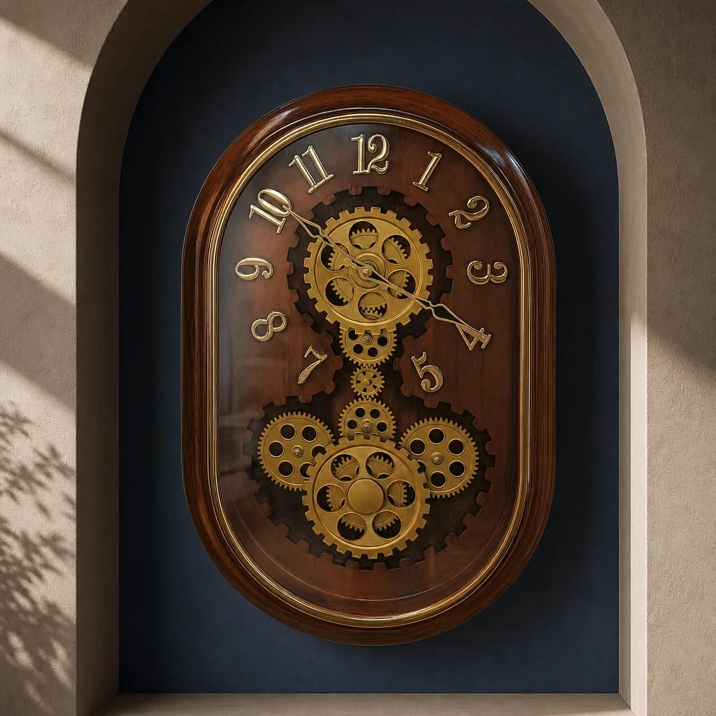 Ornate 075-2-TONE-BROWN-AND-GOLD Oval Wall Clock with Exposed Gold Gear Mechanism - Premium Wall Clock 20 inch