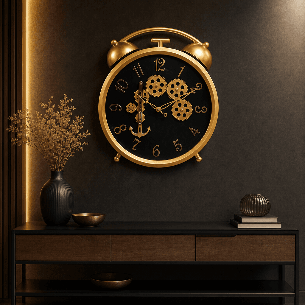 Gold Steampunk Wall Clock With Visible Gears styled in a room setting 2