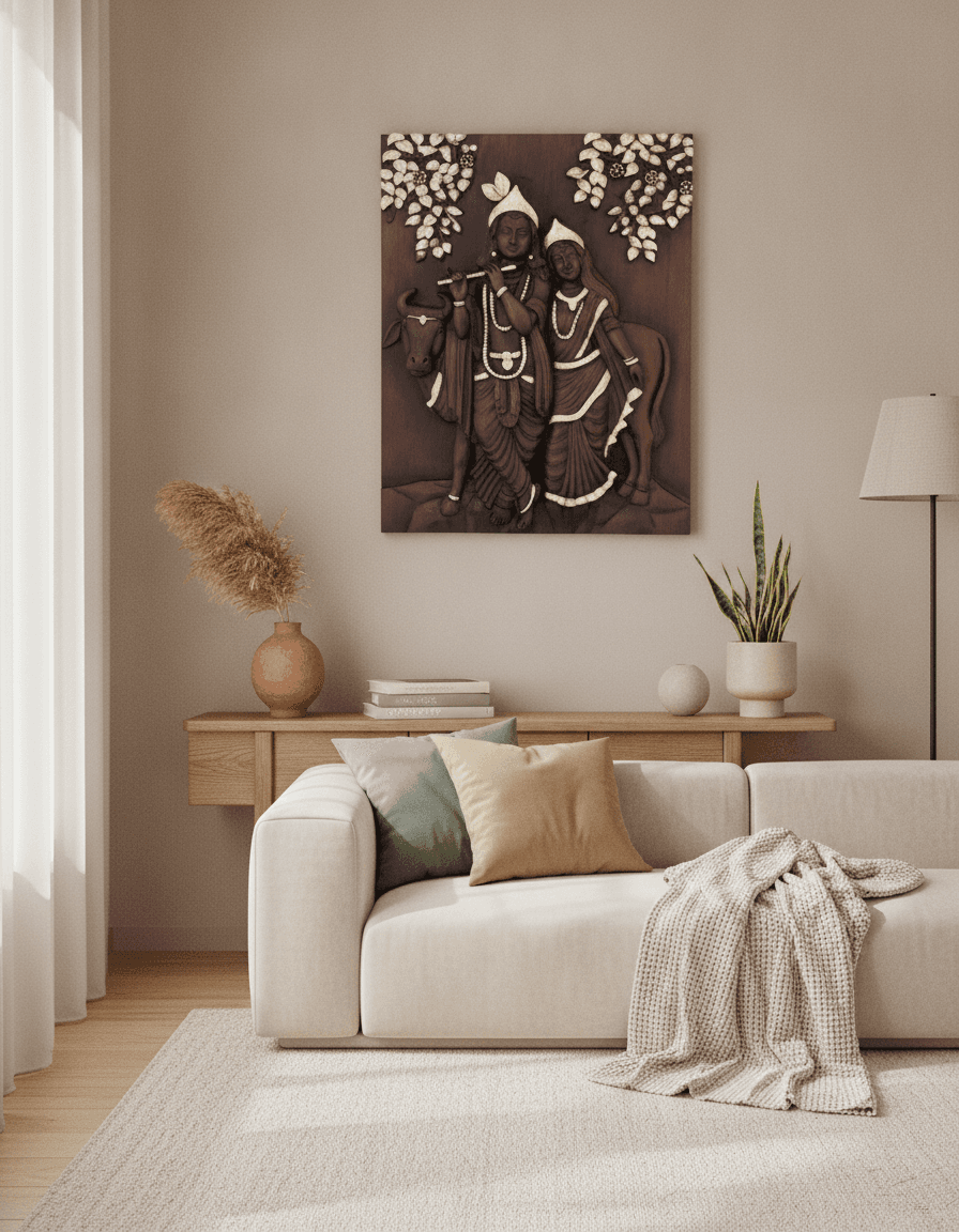 Radha Krishna Dark Brown 3D Wall Art styled in a room setting 1