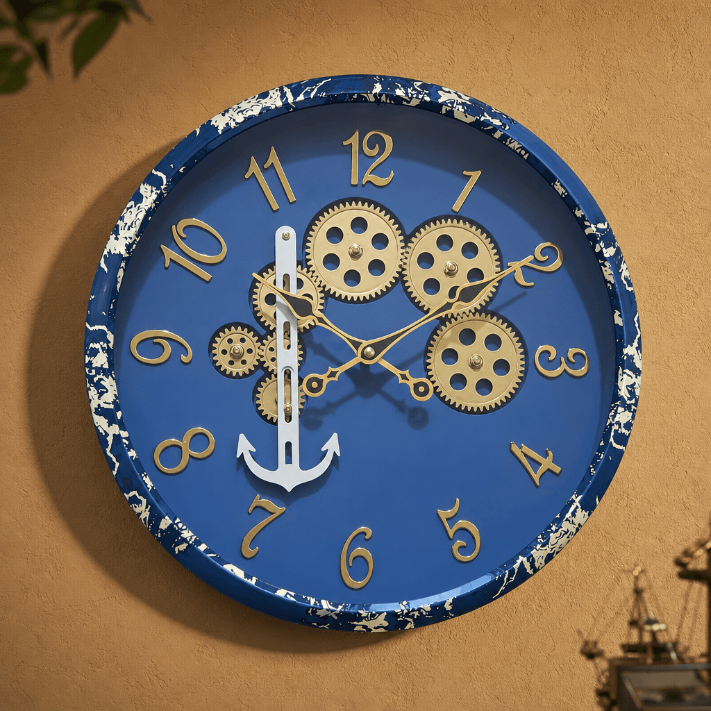 Royal Blue Wall Clock With Gears And Anchor styled in a room setting 1