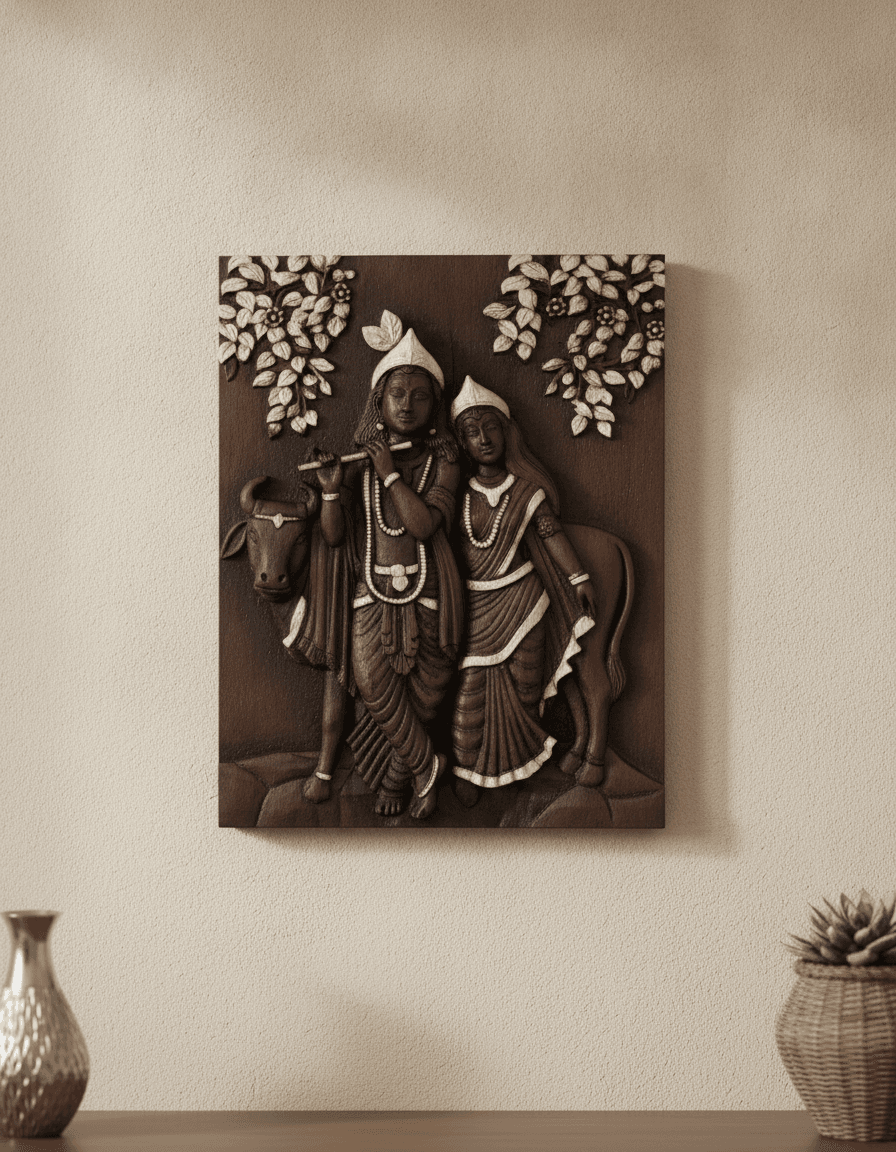 Radha Krishna Dark Brown 3D Wall Art on wall color