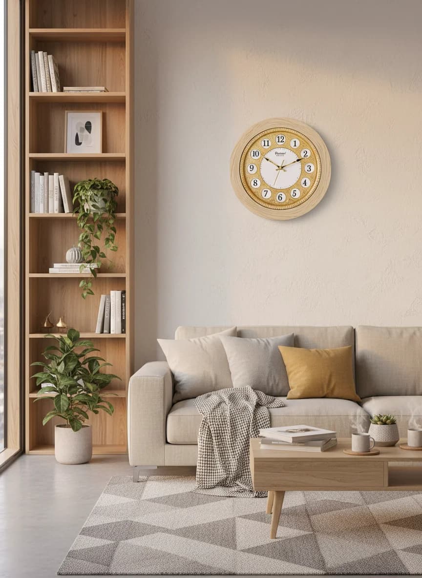 Gold & Wood Wall Clock styled in a room setting 1
