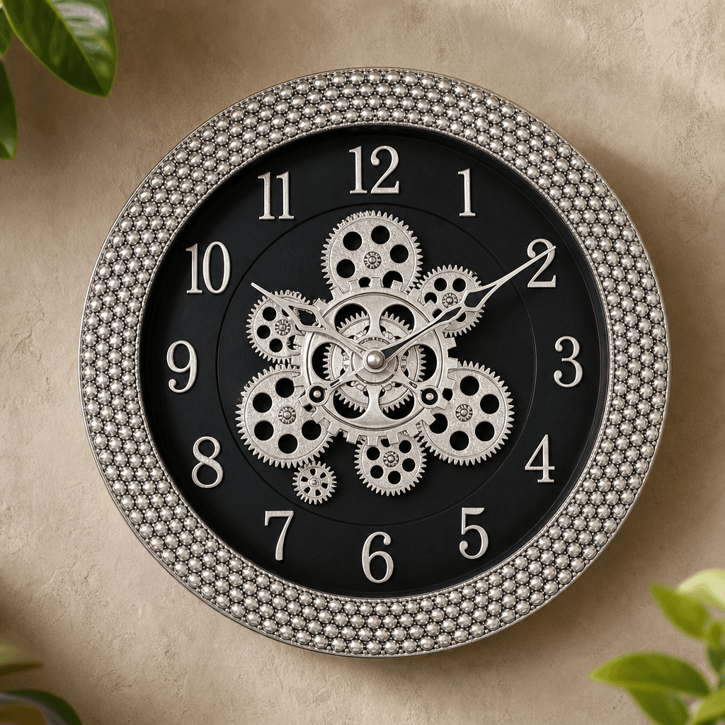 Decorative Brown & Gold Exposed Gear Wall Clock styled in a room setting 5