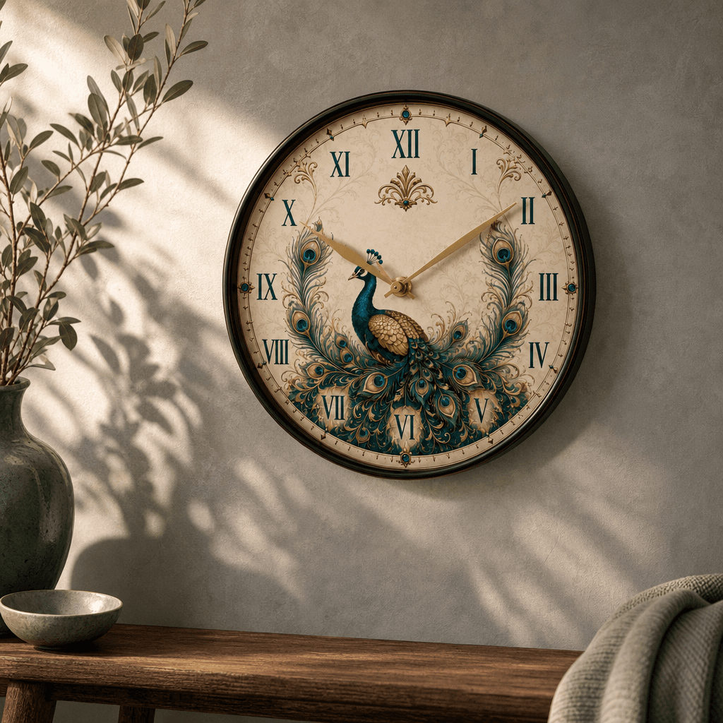 The Clock Factory Peacock Elegance Wall Clock styled in a room setting 2