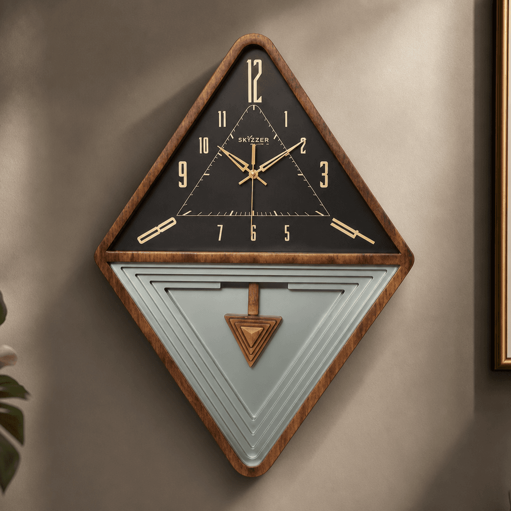 Diamond Geometric Wall Clock Brown, Black & Gold Accents styled in a room setting 3