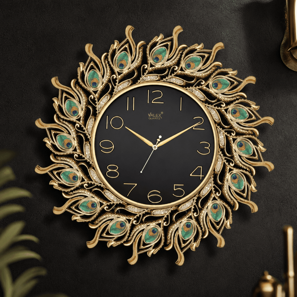 Decorative Peacock Feather Wall Clock styled in a room setting 2