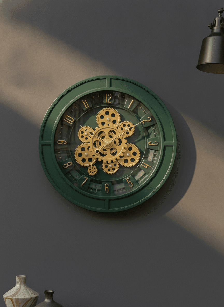 Dark Green Steampunk Wall Clock With Gold Accents styled in a room setting 3
