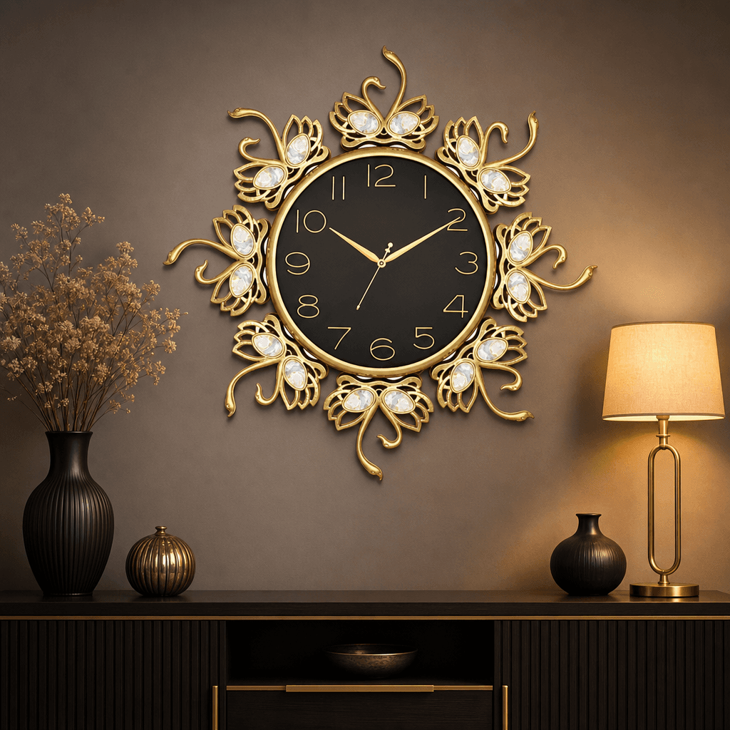 Ornate Gold Swan Wall Clock With Black Dial styled in a room setting 1
